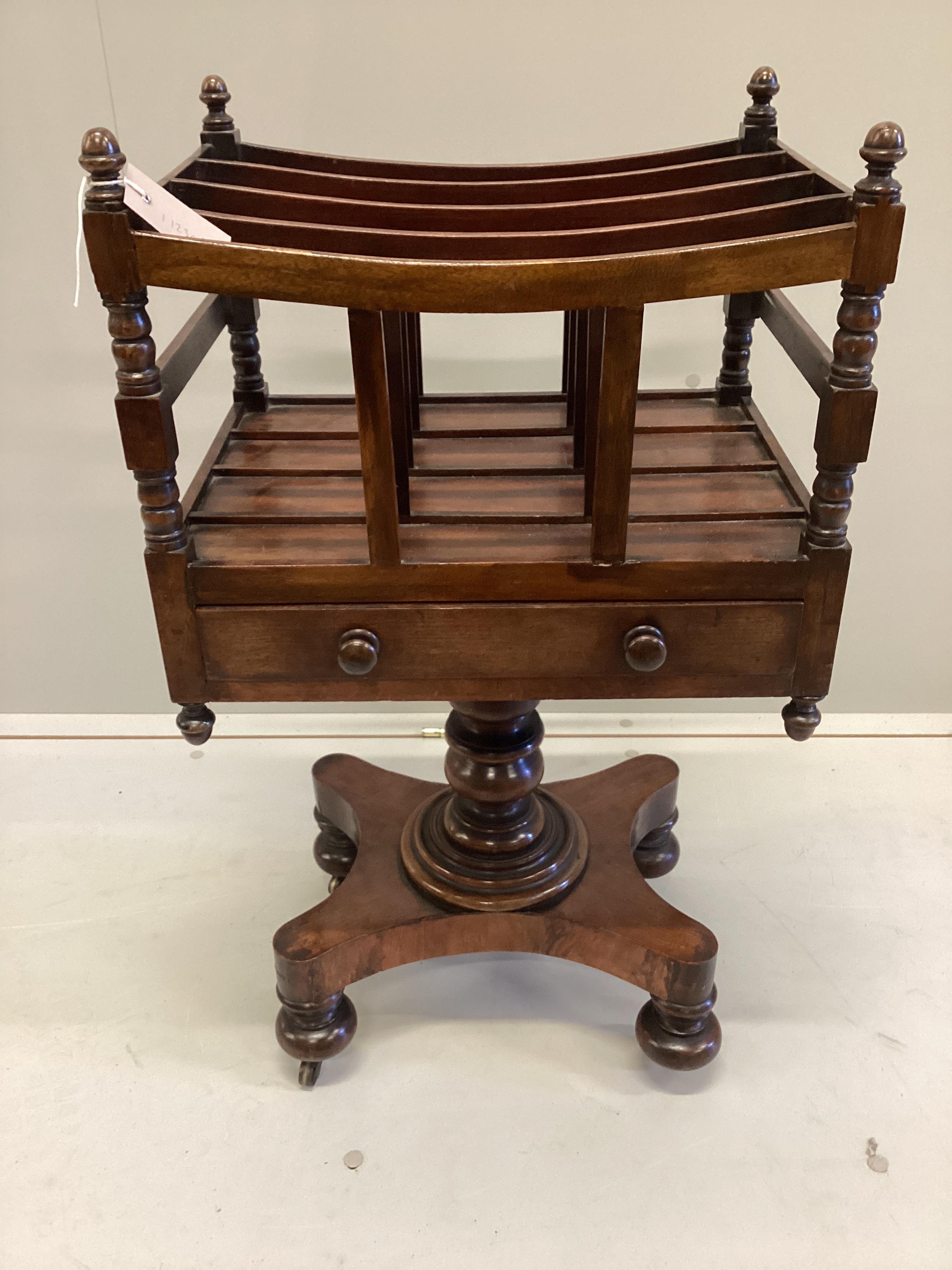 A Victorian mahogany Canterbury on pedestal base, width 45cm, depth 33cm, height 79cm